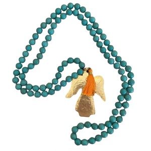 Turquoise Bead Hand Knotted Hammered Gold Angel Orange Tassel Necklace
